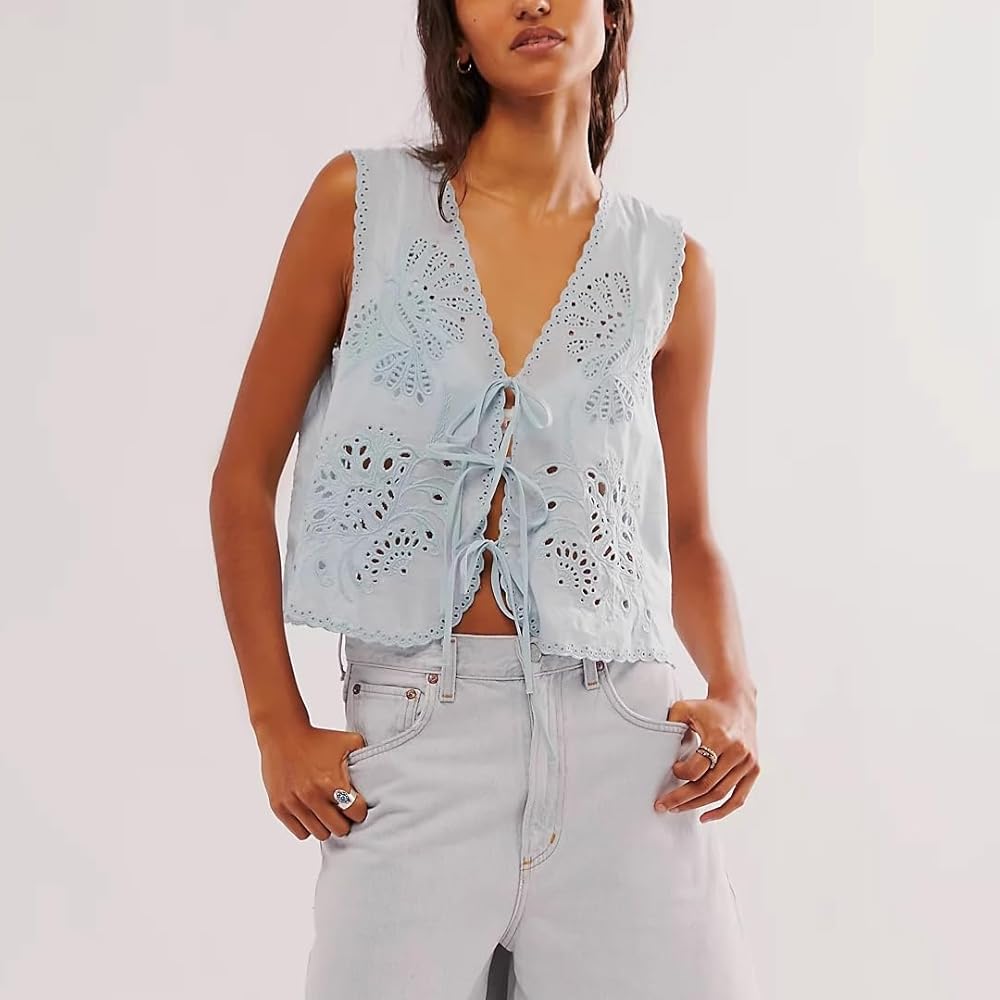Women's Tie Front Vest Linen Eyelet Embroidery Tank Crop Top